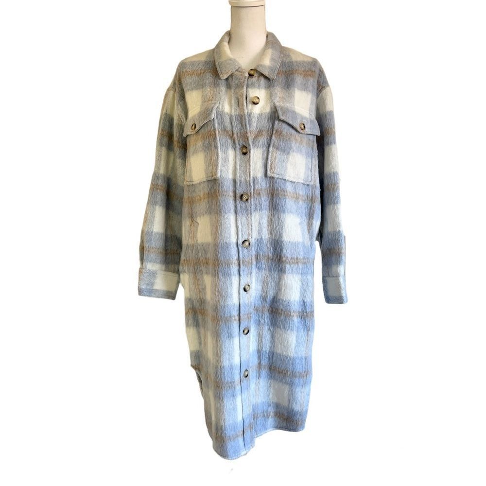 Reformation Ainslie Wool-Blend Long Jacket in Light Blue Plaid Large MSRP $268